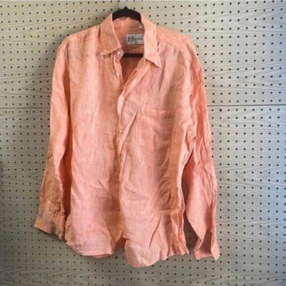 Di Porto Orange 100% Linen Semi Sheer Long Sleeve Button Down Shirt - Picture 1 of 7